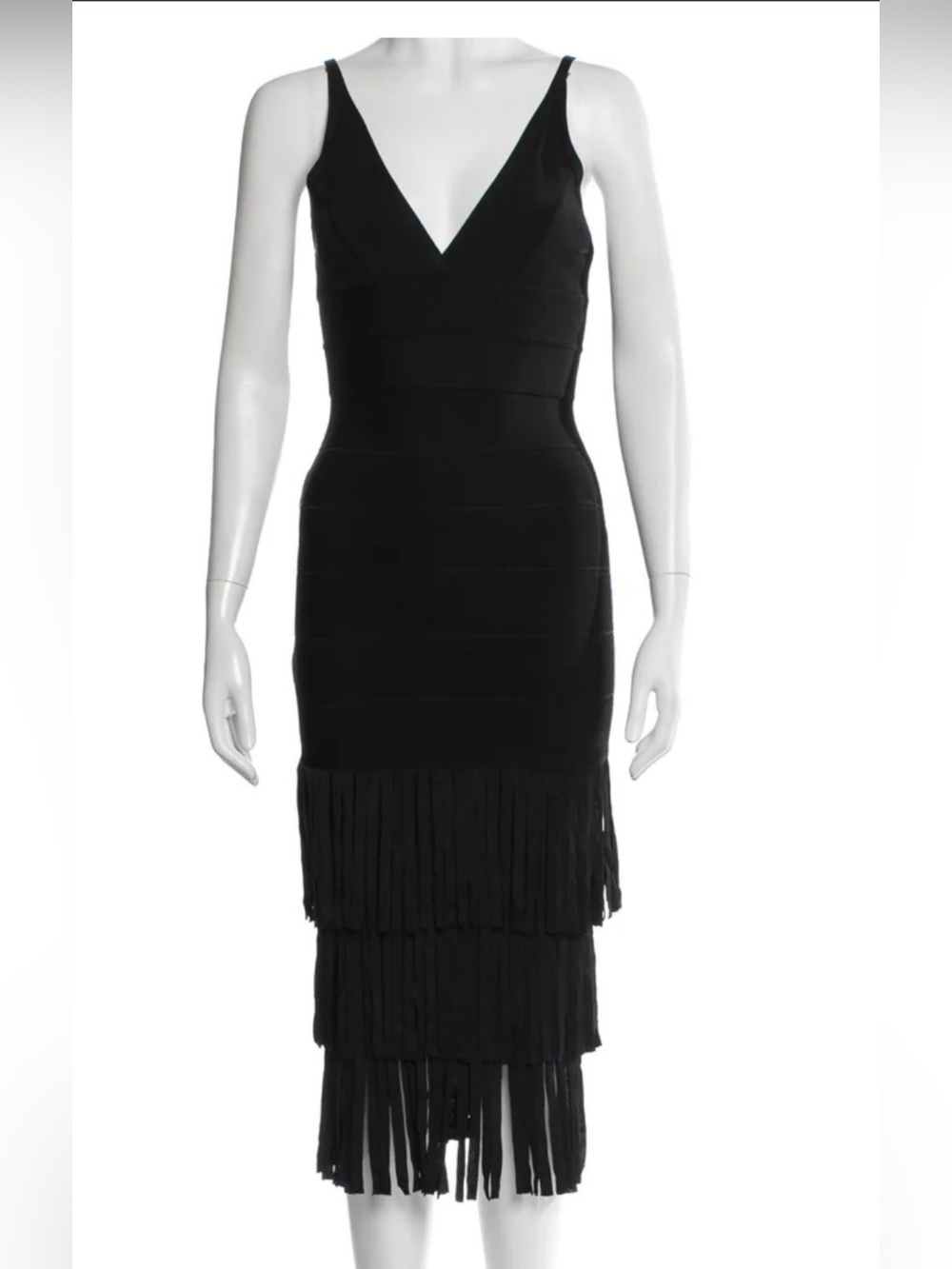 Herve Leger Black V-Neck fitted Fringe Midi Dress
